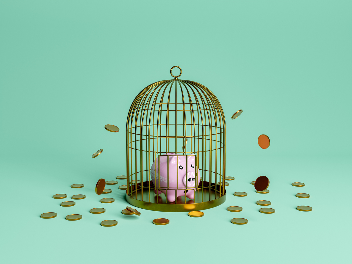 piggy bank trapped in a cage with money falling out