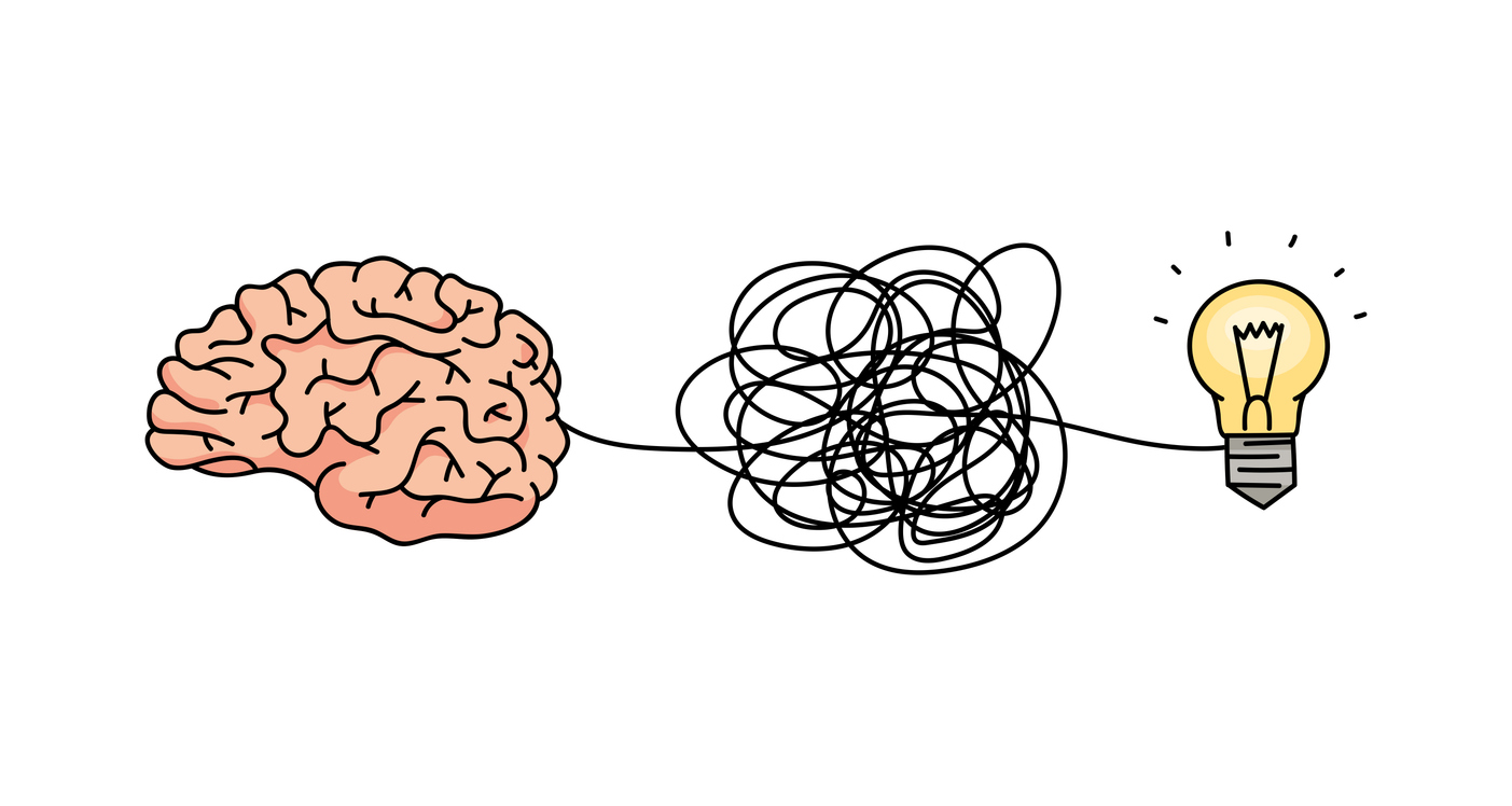 Brain forming an idea through tangled messy line connected to lightbulb symbol, complicated thought process concept from problem in head to solution. Isolated cartoon vector illustration
