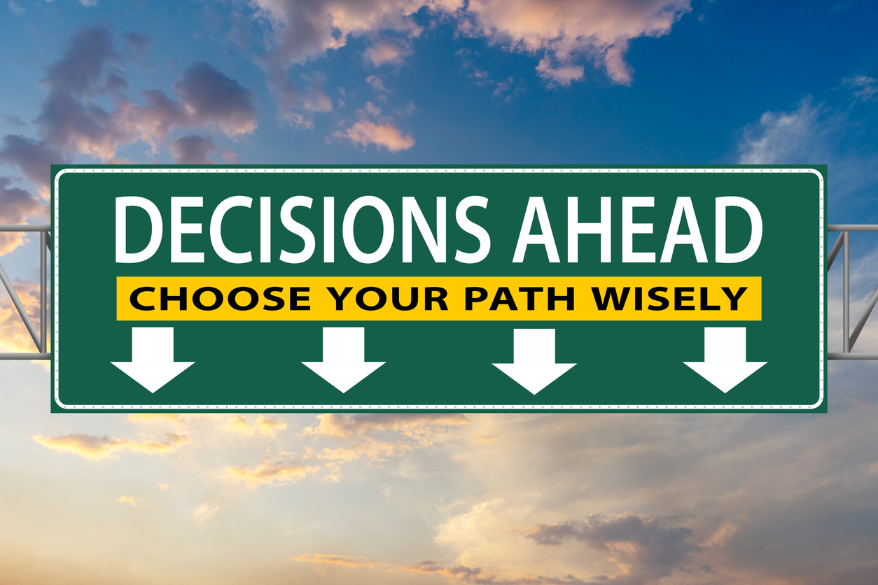 Decision-making signpost: decisions Ahead, Choose Your Path Wisely, illustration freeway green sign
